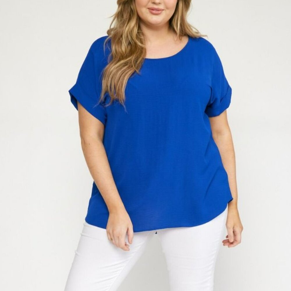 NWT Entro Scoop Neck Blouse With Permanent Rolled Sleeves In Royal Blue Plus